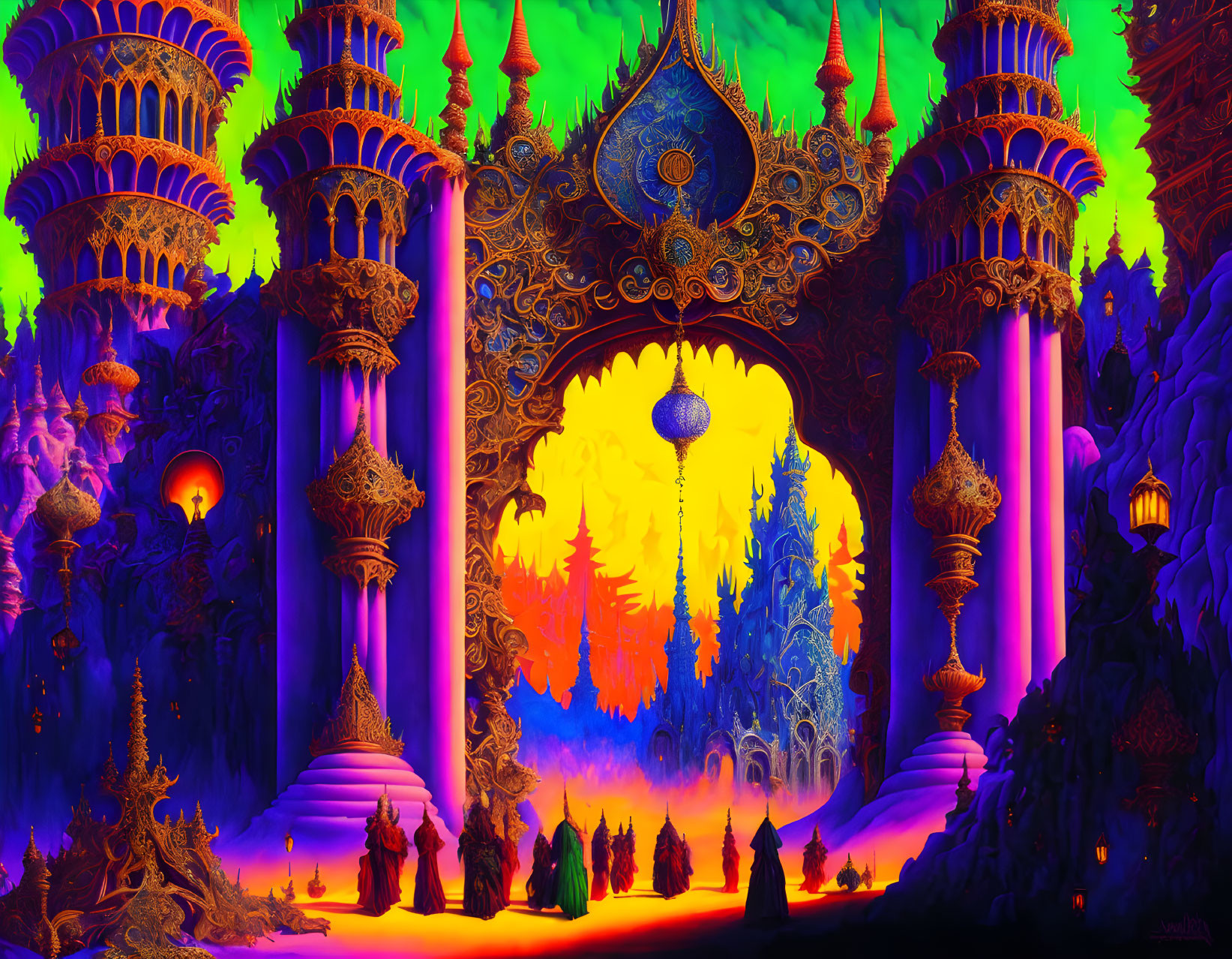 Fantastical landscape with ornate pillars and silhouetted figures at sunset
