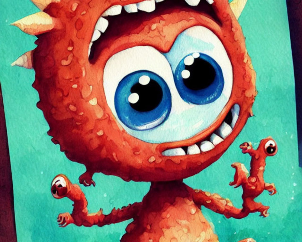 Colorful Orange Monster with Blue Eyes and Tentacle Arms on Textured Blue Background