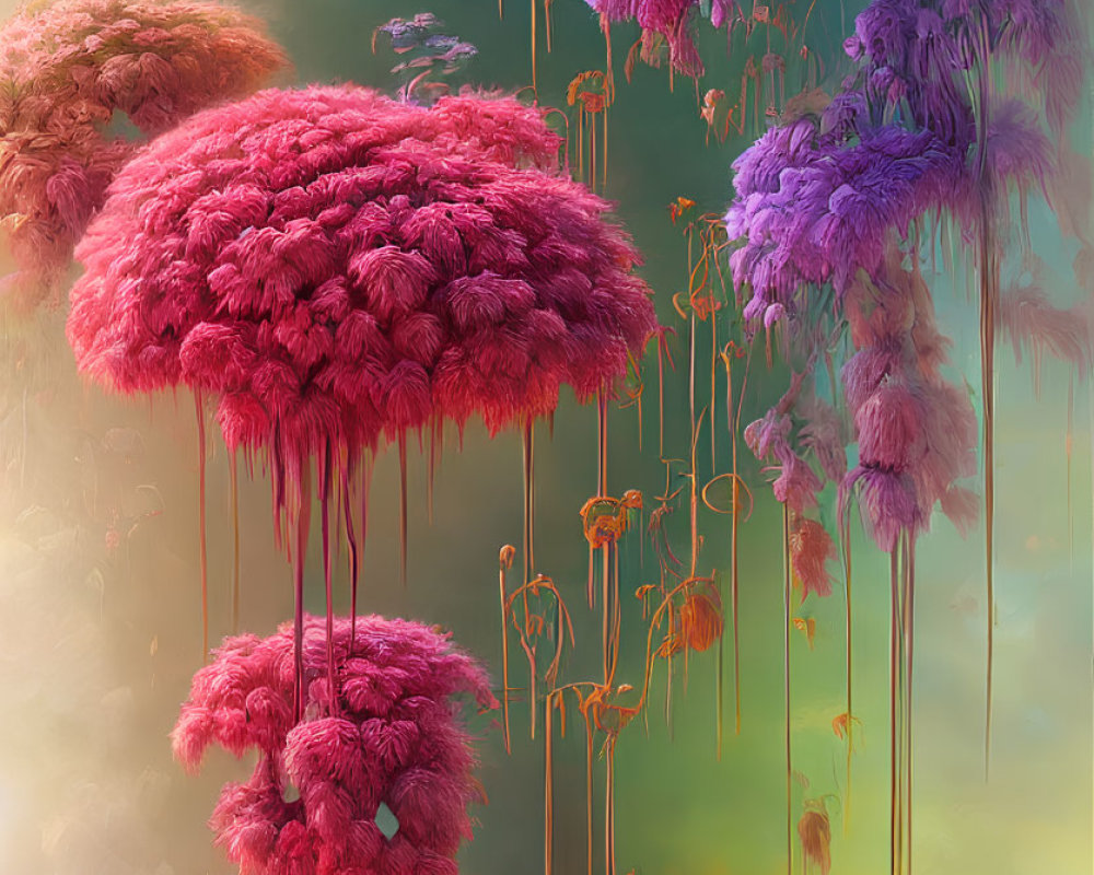 Colorful surreal landscape with tree-like structures and foggy backdrop
