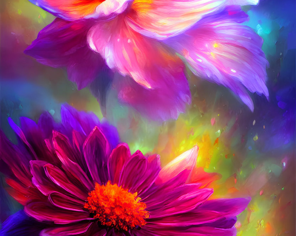 Colorful digital painting of pink and purple flower with dreamy background
