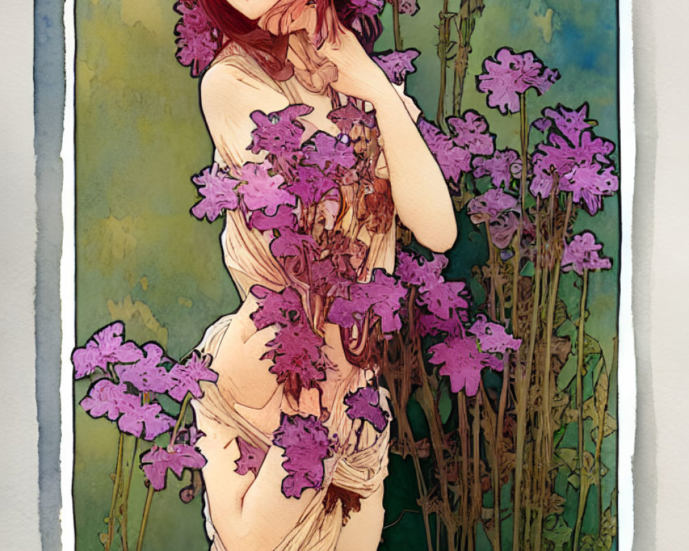 Illustration of Woman with Red Hair and Purple Flowers Bouquet