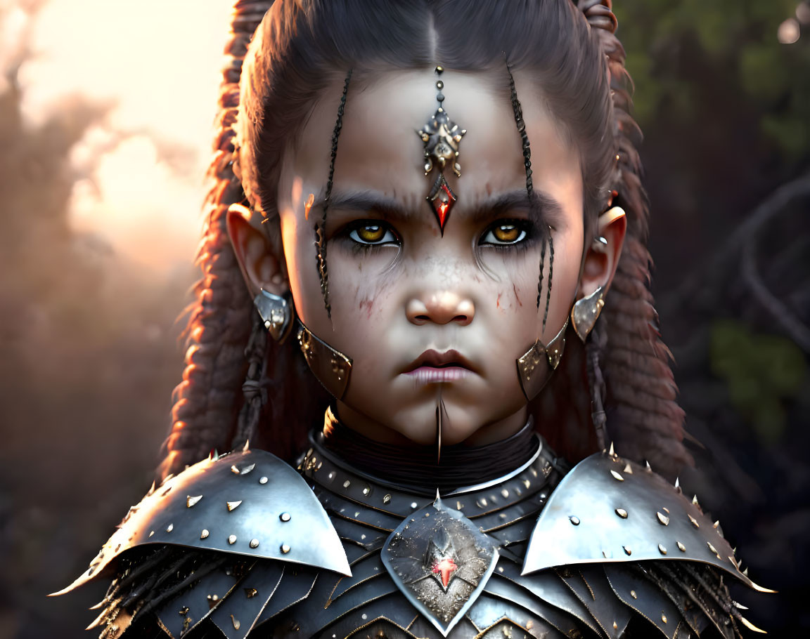 Young girl in spiked armor with striking eyes and intricate jewelry on blurred natural backdrop