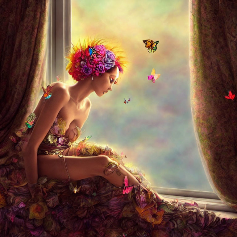 Colorful Floral Headpiece Woman Surrounded by Butterflies by Window