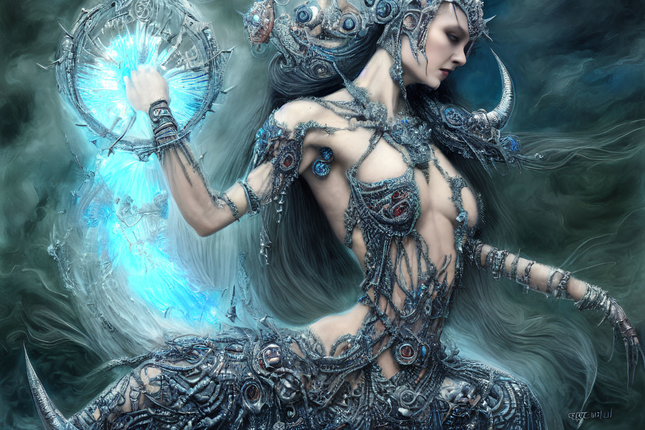 Elaborate metallic armor on female figure with glowing blue orb in misty setting
