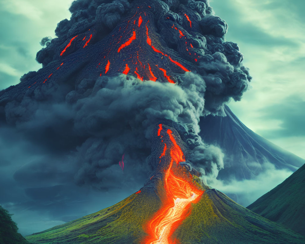 Volcanic eruption with glowing lava and billowing smoke