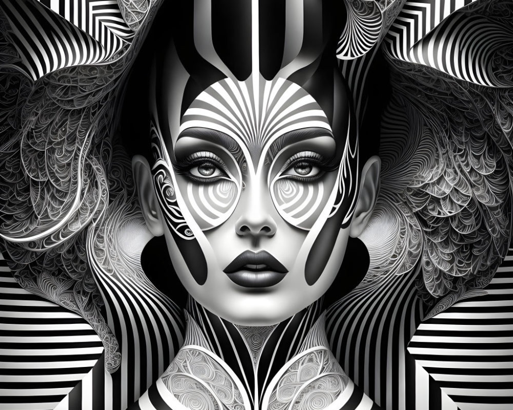 Monochromatic portrait of woman with intricate symmetrical designs