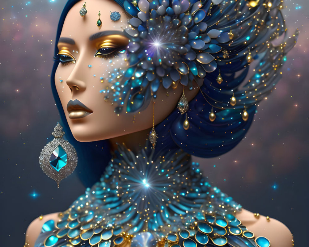 Iridescent peacock-inspired jewelry on woman in nebula background