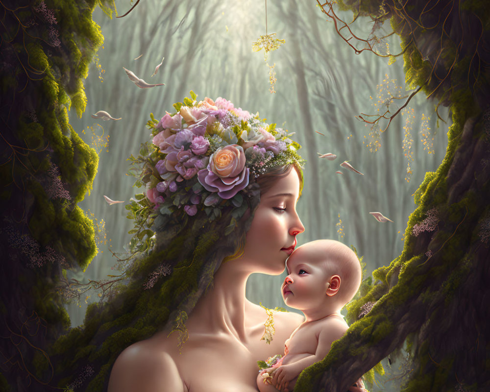 Woman with floral crown holding baby in mystical forest with hanging moss and twinkling lights