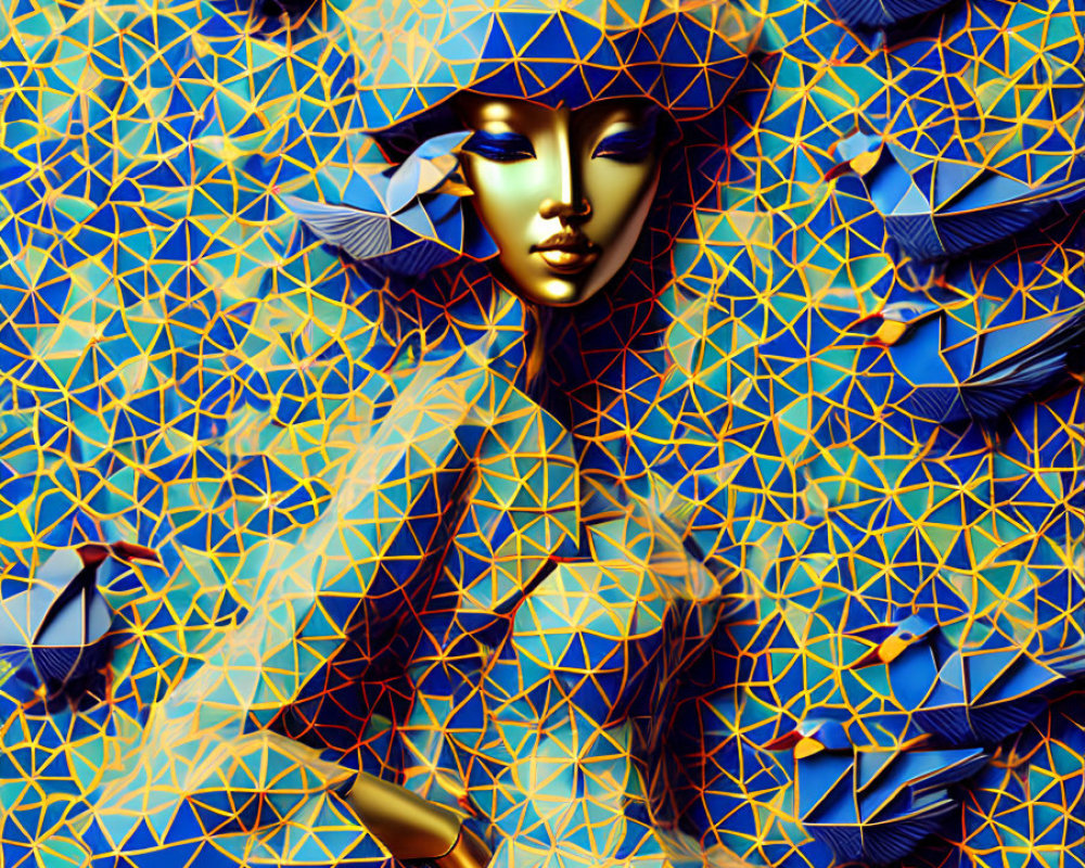 Digitally-rendered gold-toned female figure on blue and gold geometric background.