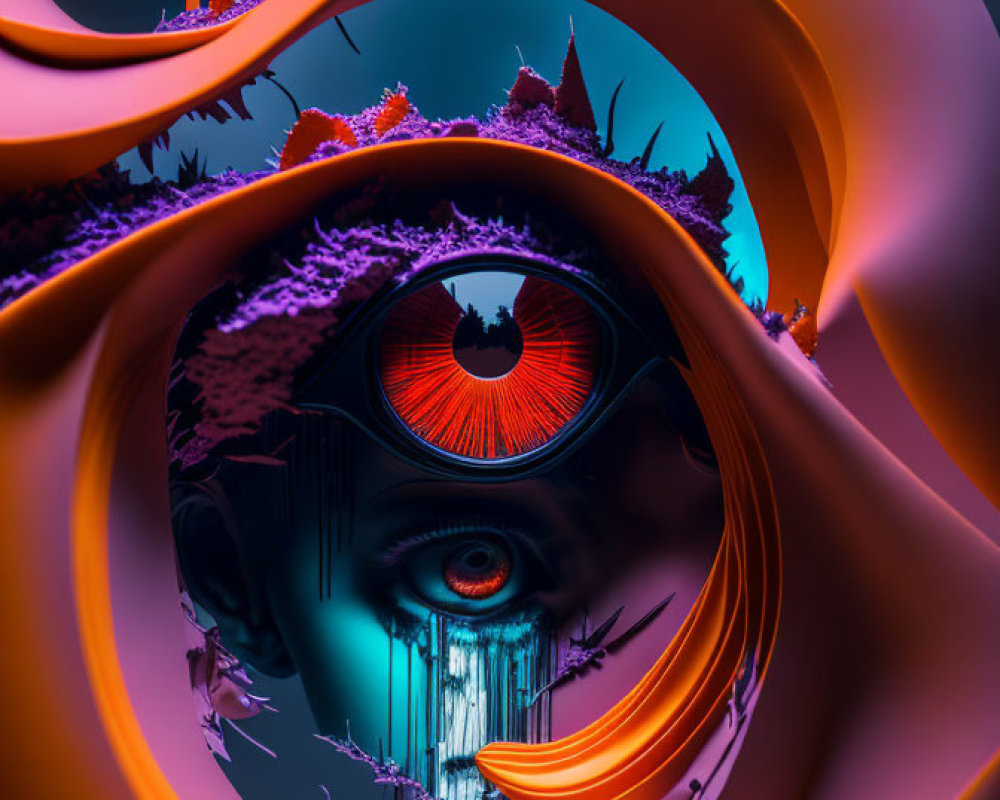 Surreal artwork with central eye, twisted orange shapes, floating landscapes