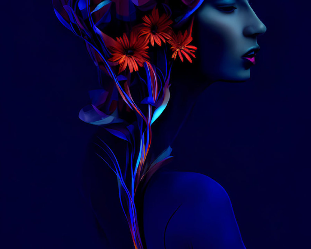 Surreal female figure with red flowers and swirling patterns on dark blue background
