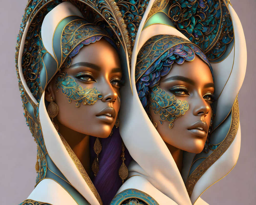 Elaborately adorned female figures with golden facial jewelry on neutral background