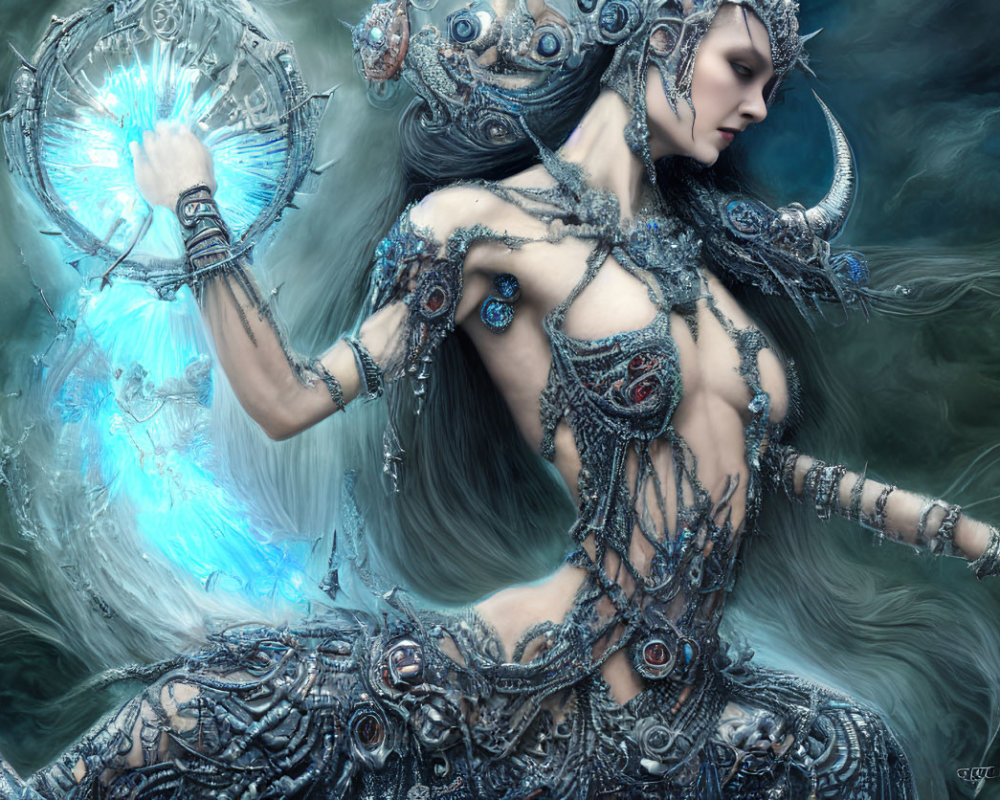 Elaborate metallic armor on female figure with glowing blue orb in misty setting