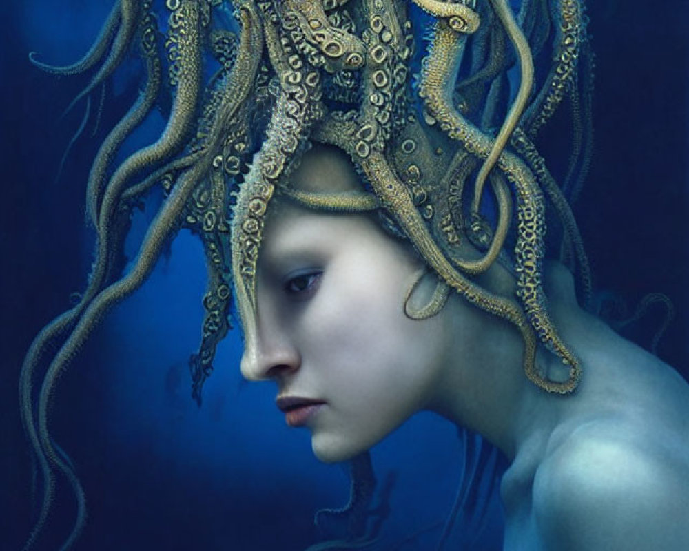 Surreal octopus headdress artwork on deep blue background