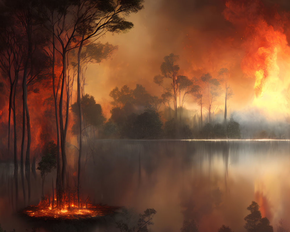 Nighttime forest fire with tall trees ablaze reflecting on calm water under orange sky