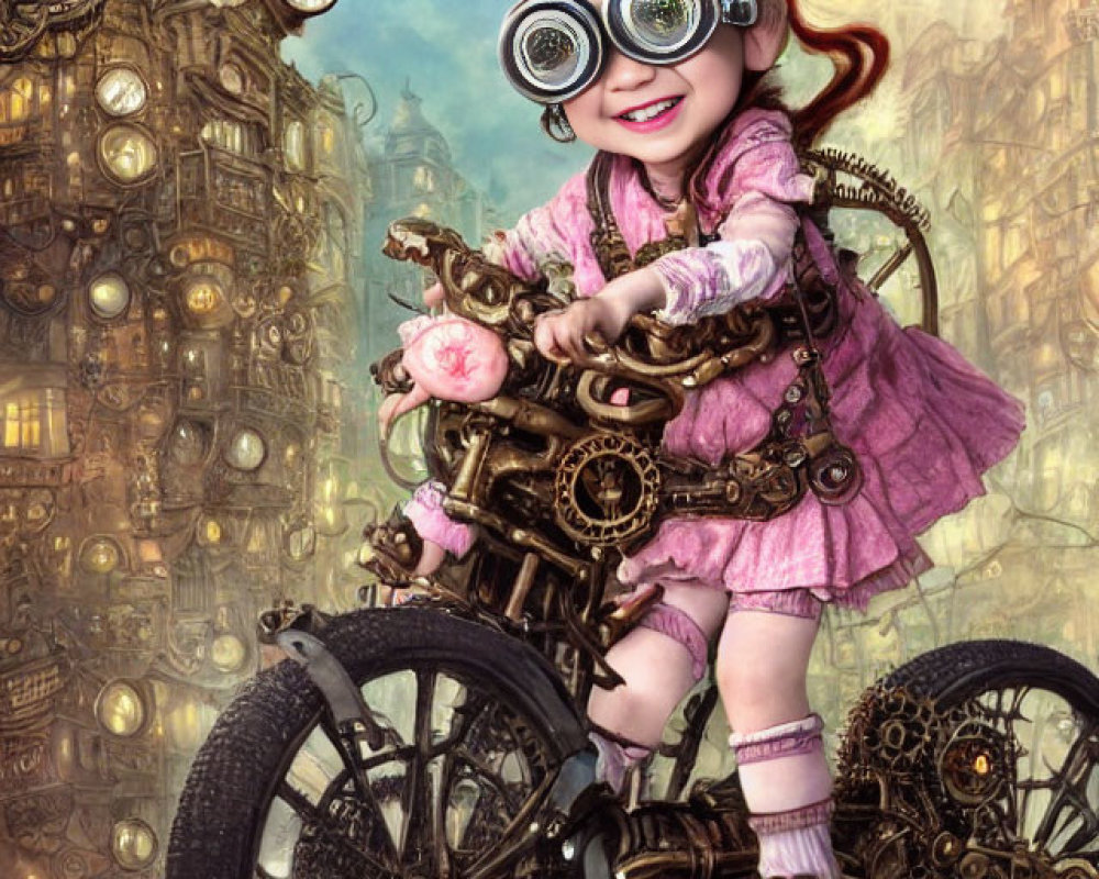 Steampunk-themed image of a red-haired girl on vintage bicycle