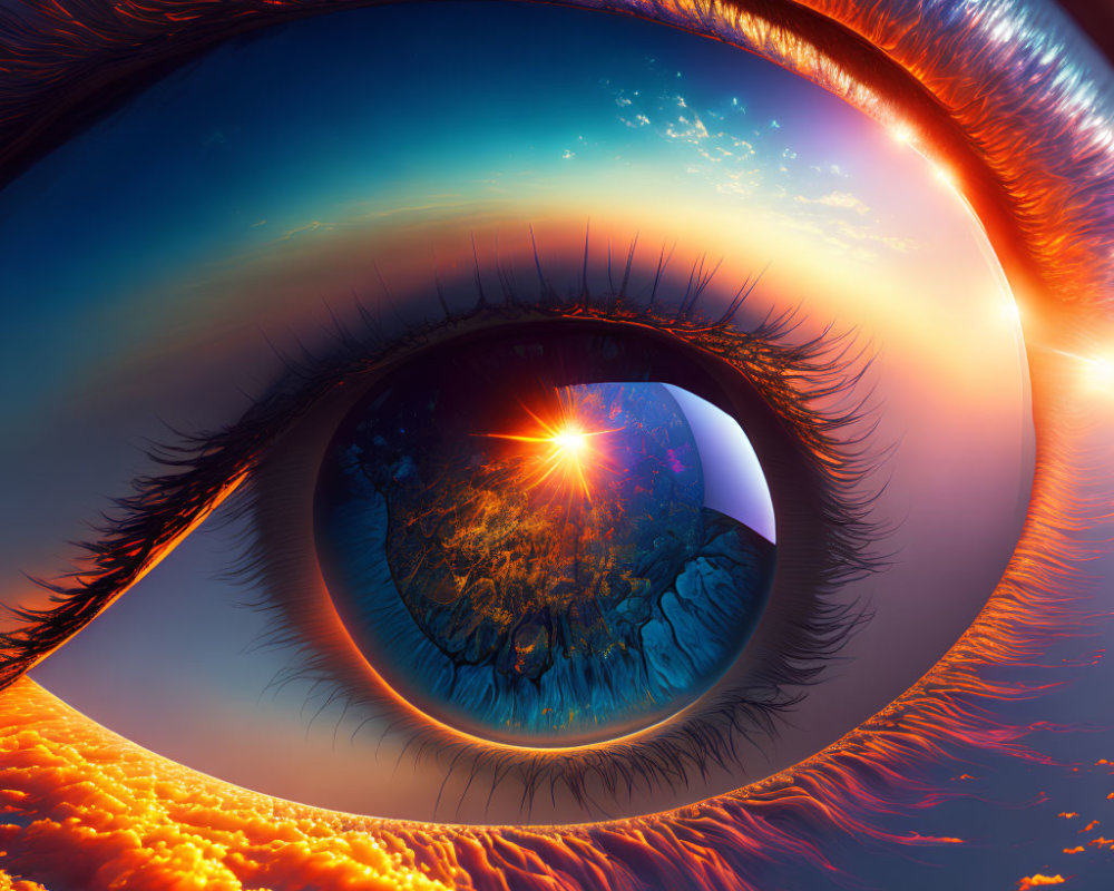 Surreal digital artwork: eye with cosmic scene, clouds, sunset, earth-like planet in pupil