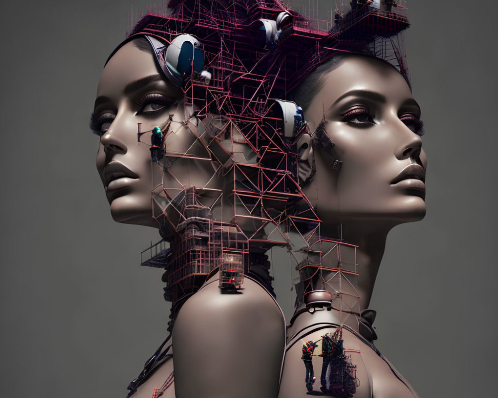 Digital artwork of two female figures with intricate scaffold-like headpieces hosting tiny figures.
