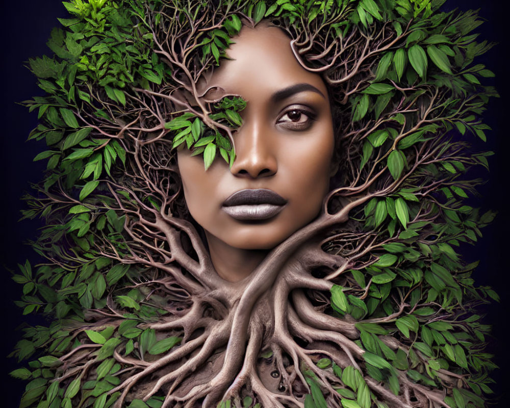 Nature-inspired portrait blending woman's face with tree roots and leaves