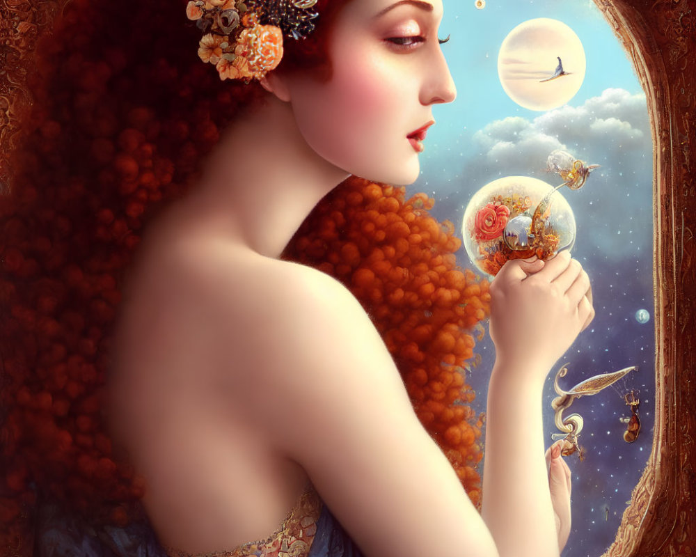 Woman with Curly Red Hair and Flowers Looking Out Round Window at Surreal Sky