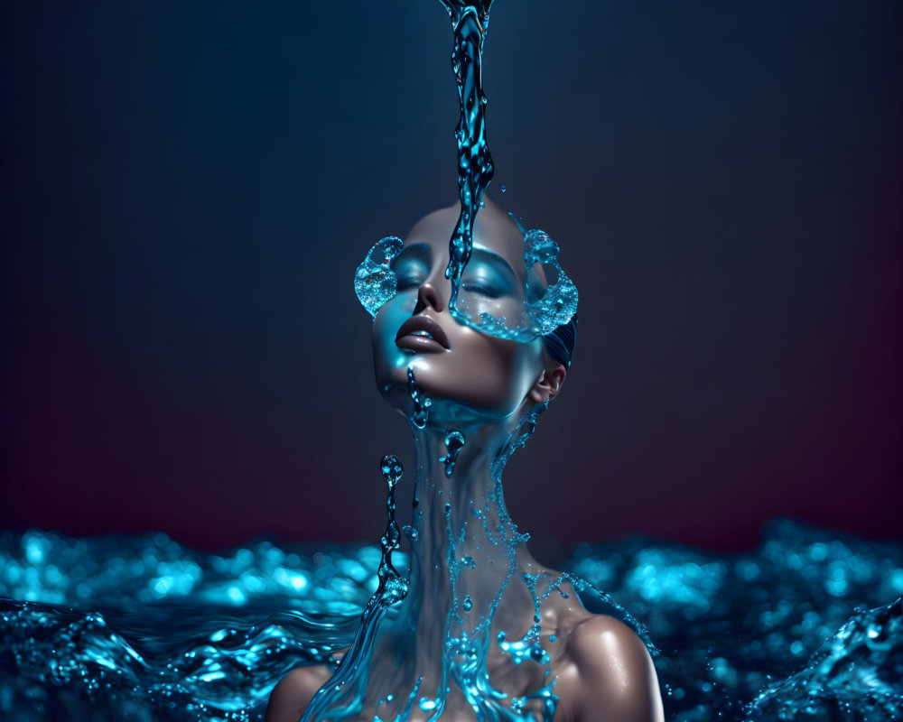 Surreal image: Woman with water dress on dark background