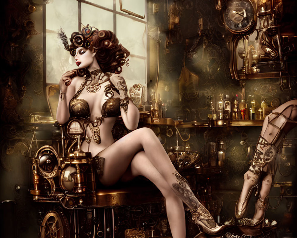 Steampunk-themed woman surrounded by gears and mechanical devices