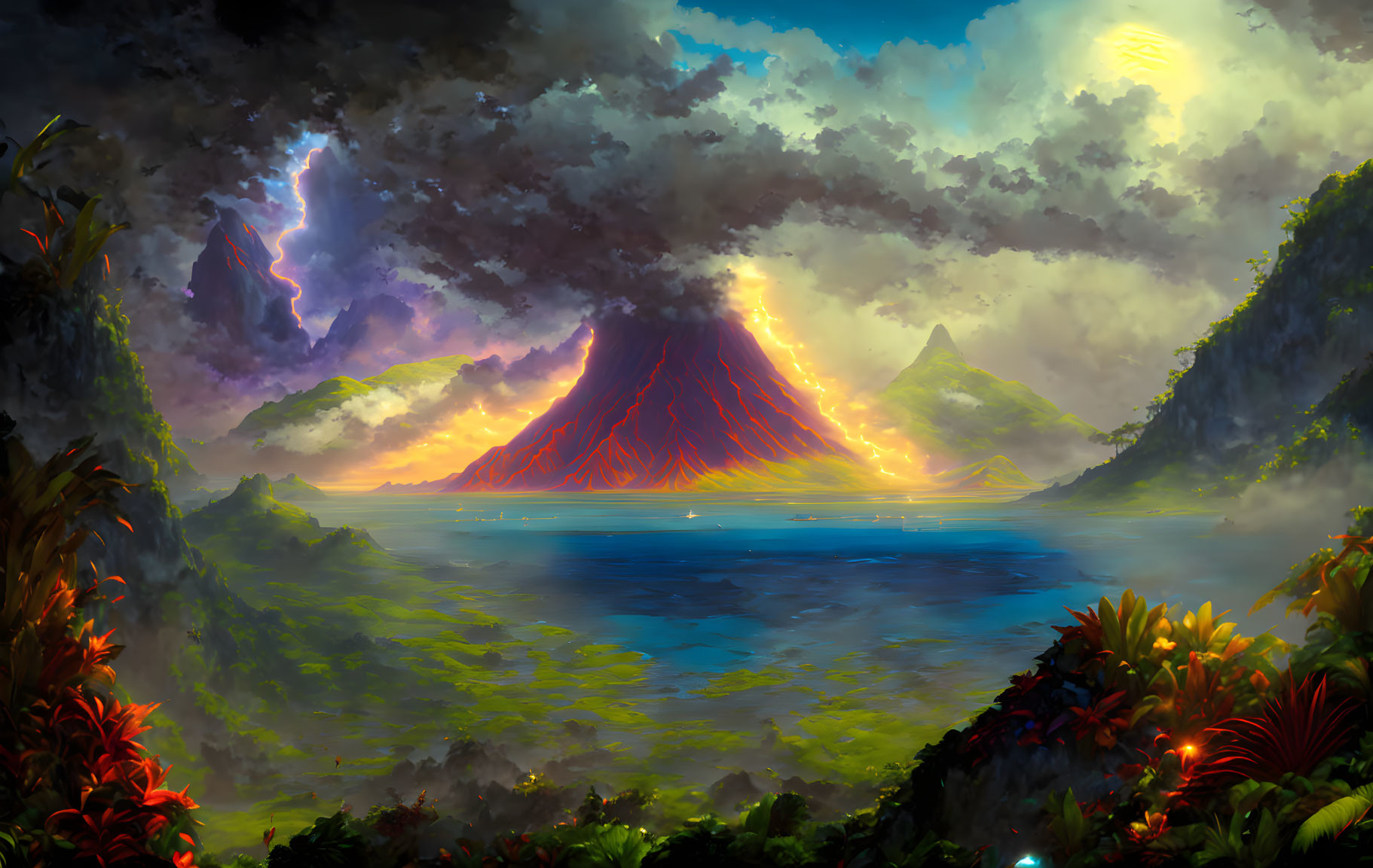 Erupting volcano at dusk with lightning, calm sea, vibrant jungle