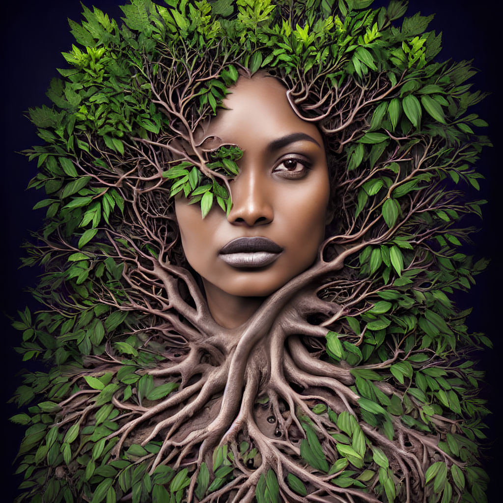 Nature-inspired portrait blending woman's face with tree roots and leaves