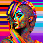 Colorful digital artwork of woman's face with psychedelic patterns on striped background