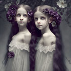 Pale-skinned twin girls in white lace dresses with long wavy hair and purple flowers, set against