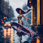 Woman in shimmering dress dances on rainy street at night with city lights.
