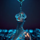 Surreal image: Woman with water dress on dark background