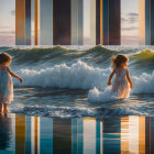 Girls in white dresses play by the sea with surreal vertical panel effects.