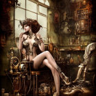Steampunk-themed woman surrounded by gears and mechanical devices