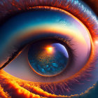 Surreal digital artwork: eye with cosmic scene, clouds, sunset, earth-like planet in pupil
