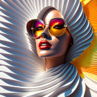 Stylized female figure in white ruffled attire with large sunglasses