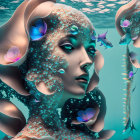Surreal portrait of woman with flowers and fish in underwater scene