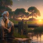 Elderly man with beard on wooden dock by river at sunset
