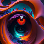 Surreal artwork with central eye, twisted orange shapes, floating landscapes