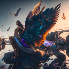 Woman with Multicolored Wings on Rocky Shore at Sunset surrounded by Birds