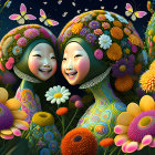 Joyful children with colorful floral hats among vibrant flowers.