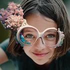 Colorful artwork featuring child with gold-framed glasses and fantasy motifs