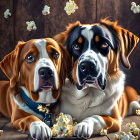 Two Dogs Sharing Popcorn on Wooden Background