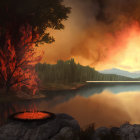 Nighttime forest fire with tall trees ablaze reflecting on calm water under orange sky