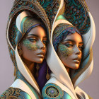 Elaborately adorned female figures with golden facial jewelry on neutral background