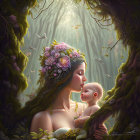 Woman with floral crown holding baby in mystical forest with hanging moss and twinkling lights