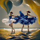 Dancers in Blue and White Dresses Perform on Beach with Surreal Background