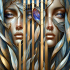 Symmetrical faces with feathers and gold accents merging with cosmic eye