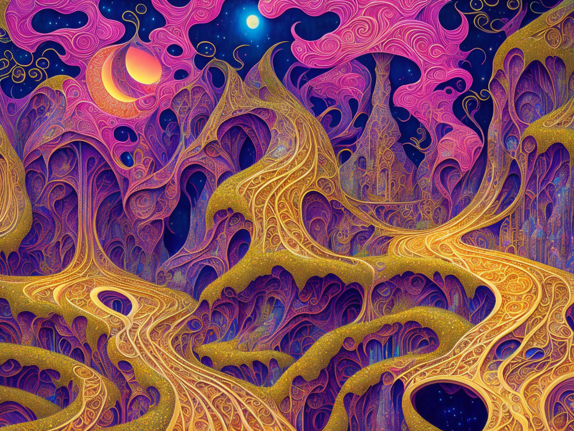 Colorful Psychedelic Landscape with Swirling Patterns in Purple, Gold, and Pink