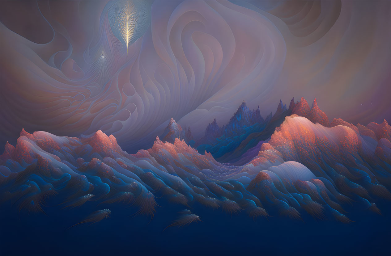 Surreal blue and orange landscape with flowing patterns and mountain-like forms